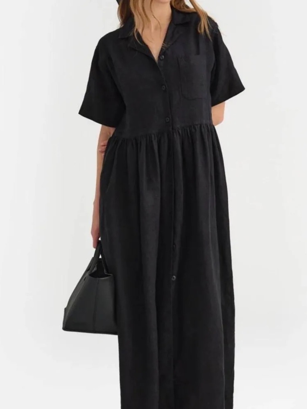 MATE the Label Black Button-Front Short Sleeve Maxi Dress